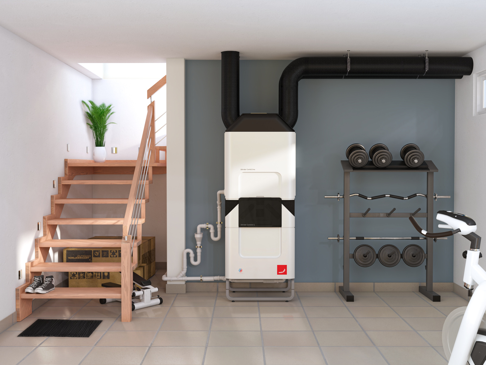 Zehnder_CSY_ComfoClime_ComfoAirQ-TR_basement_training_Milieu Rendering ComfoClime Comfortable indoor ventilation Front view
