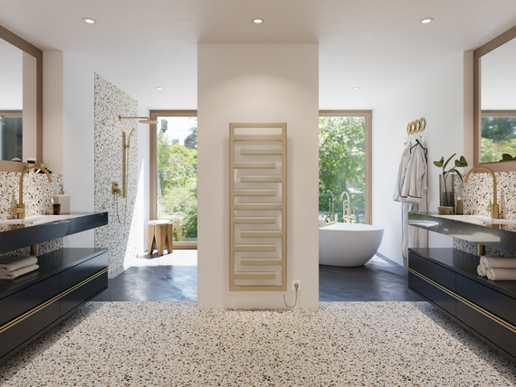 baie modernă cu un radiator de design plasat central zehnder tetris